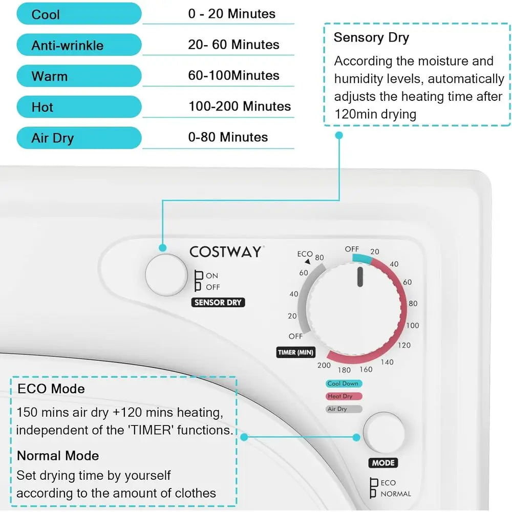 Front Load Stainless Steel Clothes Dryer with Touch Panel, 4 Drying Modes, Adjustable Vent, 13.2 lbs, 1500W, White