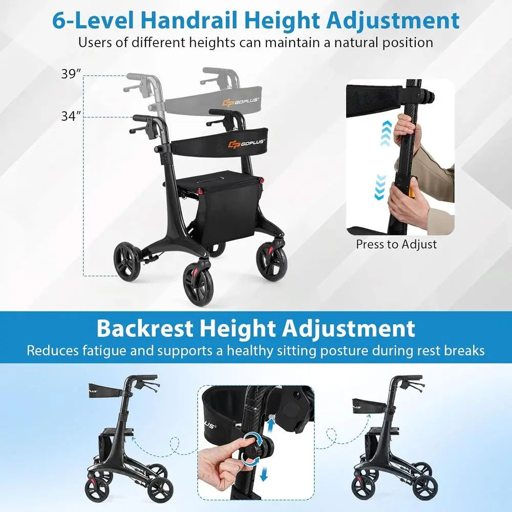 Ultralight Carbon Fiber Rollator Walker with 8 Wheels, 6-Position Handle, Adjustable Backrest for Adult Mobility