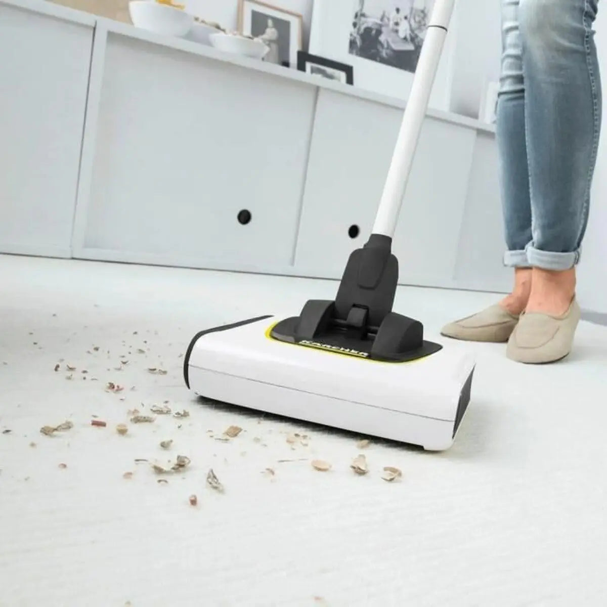 Electric Floor Sweeper Broom for Carpets, Hardwood Floors and Tiles, Lightweight Cordless Ideal for Fur Hair Dirt Dust - White