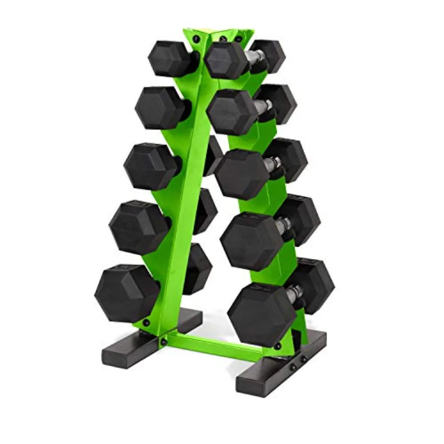 150 LB Rubber Coated Hex Dumbbell Hand Weight Set with Vertical Storage Rack - Chrome Handle Green Rack
