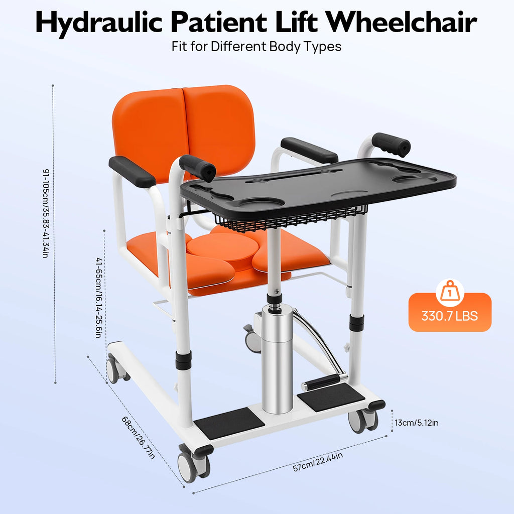 Hydraulic Patient Lift Nursing Chair 4 in 1 Shower Seat Transport Wheelchair 180° Open & Close, Adjustable Height Transfer Aid