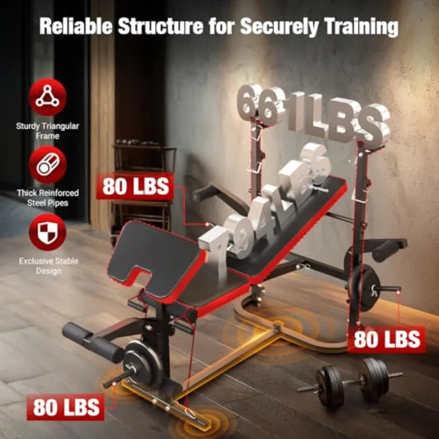 6-in-1 Foldable Weight Bench Set 1695LBS Adjustable Workout Bench with Barbell Rack Curl Pad Bench Press Leg Extension Curl Mac