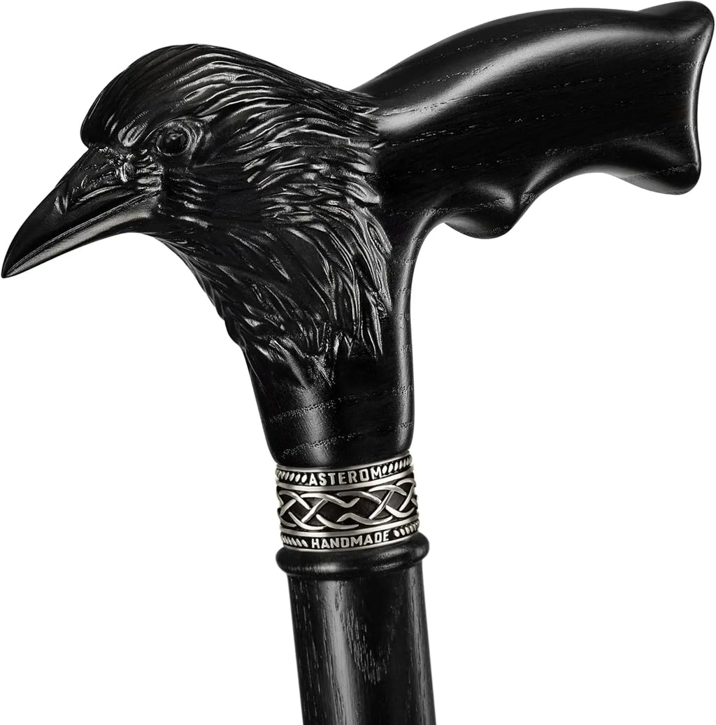 Handmade Wooden Carved Walking Cane for Men and Women - Raven Design Gothic Style Walking Stick