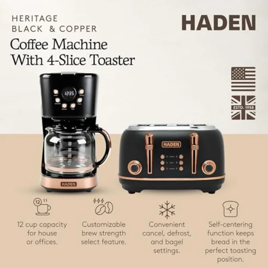 4-Slice Wide Slot Stainless Steel Toaster with 12-Cup Programmable Drip Coffee Maker in Black and Copper for Home Kitchen Use