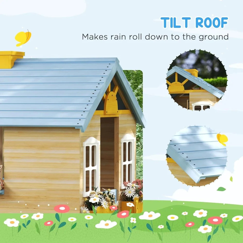 Outdoor Garden Wooden Playhouse with Operable Doors and Windows, Bench, Customizable
