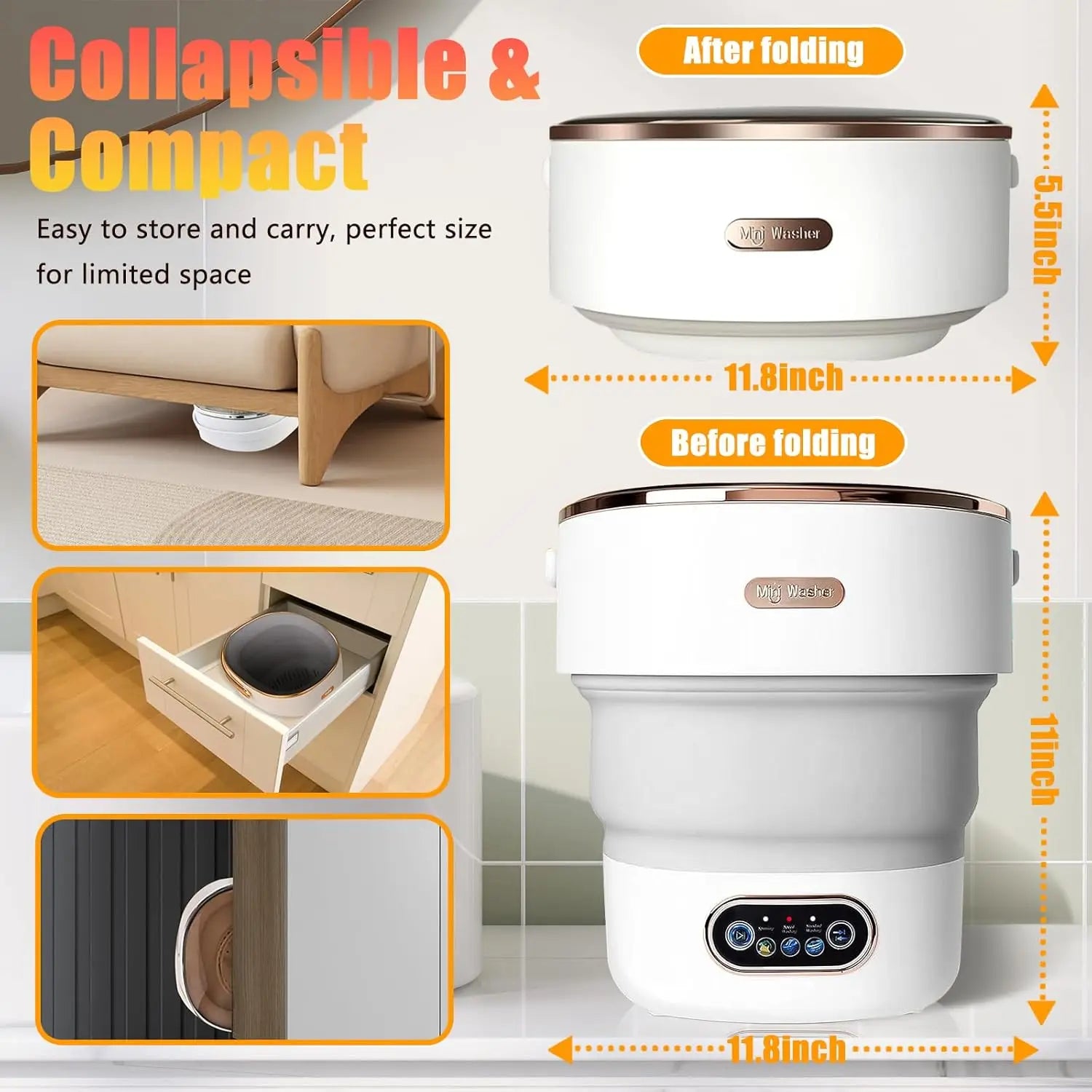 Portable Washing Machine, 15L Collapsible Mini Washer with 3 Modes for Travel Camping Dorms Apartments