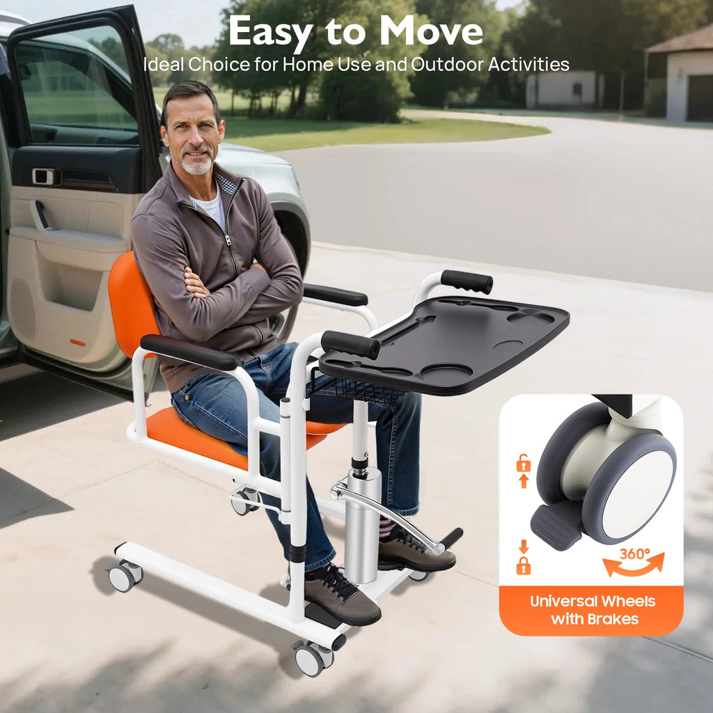 Hydraulic Patient Lift Nursing Chair 4 in 1 Shower Seat Transport Wheelchair 180° Open & Close, Adjustable Height Transfer Aid