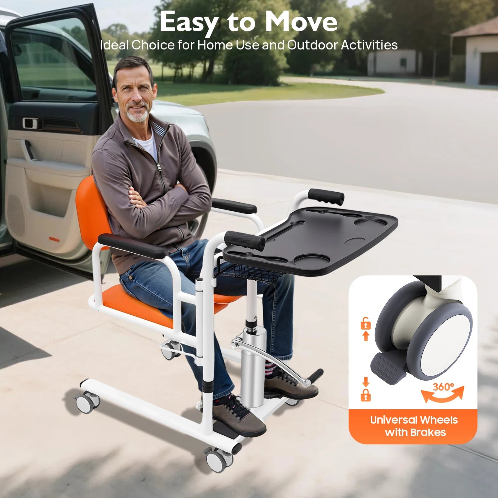 Hydraulic Patient Lift Nursing Chair 4 in 1 Shower Seat Transport Wheelchair 180° Open & Close, Adjustable Height Transfer Aid