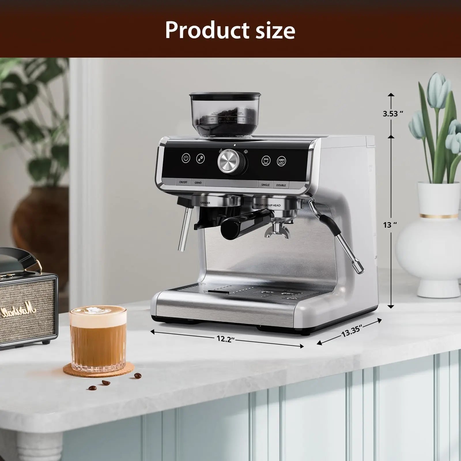 20 Bar Semi-Automatic Coffee Maker Professional Coffee Machine With Bean Grinder & Steam Wand For Home Office
