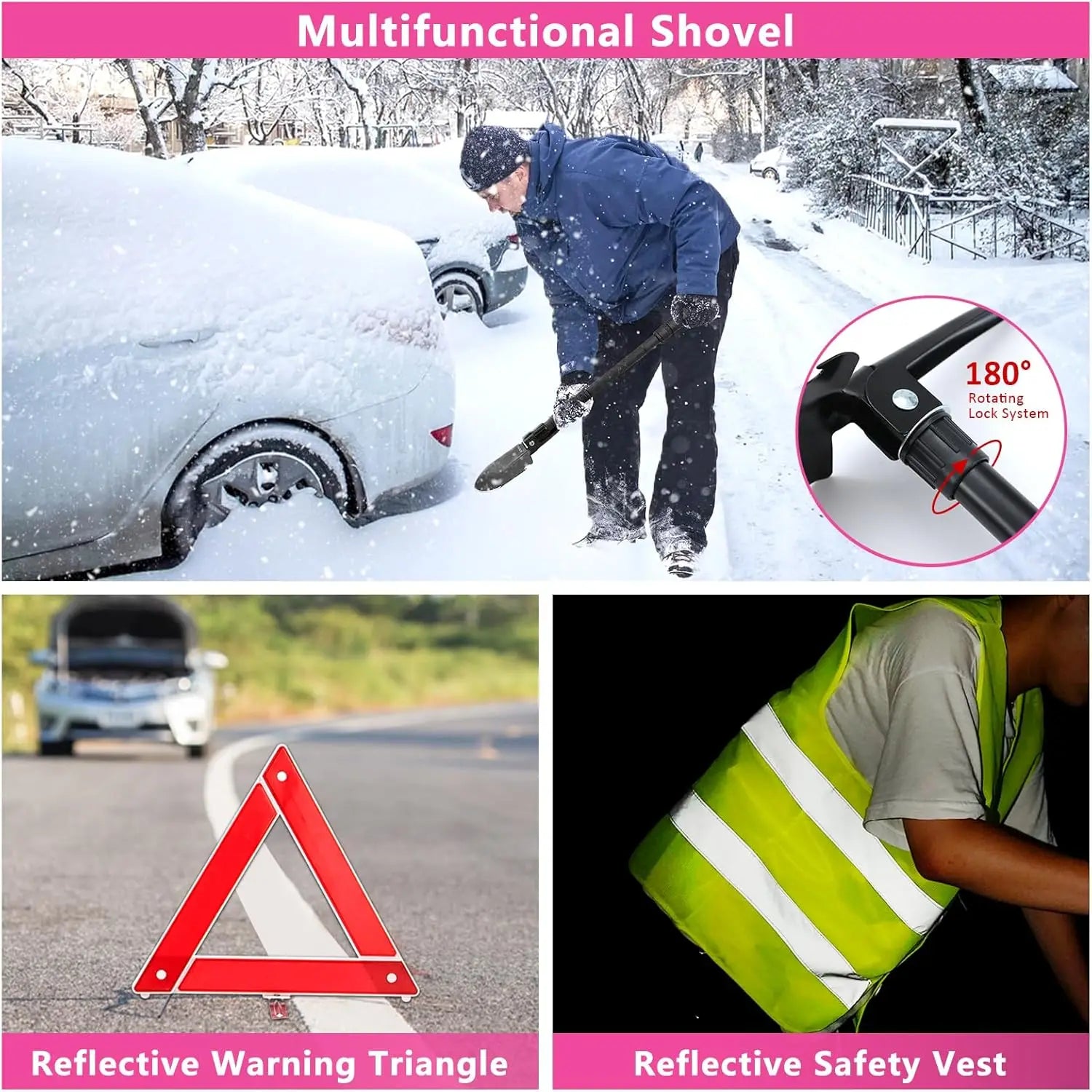Portable Air Compressor Car Emergency Kit with Jumper Cables, First Aid, Tools & Winter Safety Accessories in Pink