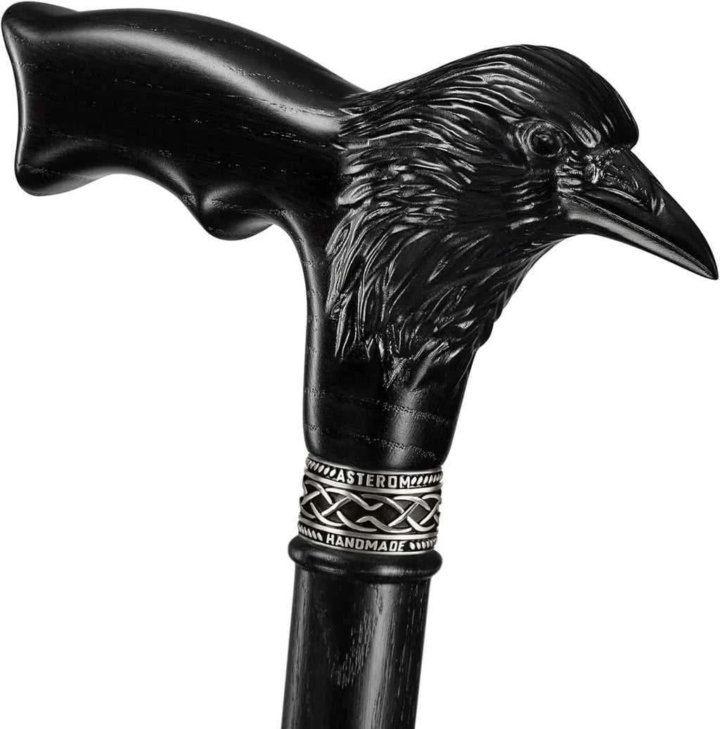 Handmade Wooden Carved Walking Cane for Men and Women - Raven Design Gothic Style Walking Stick