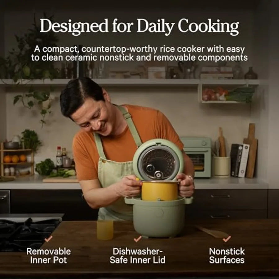 6-Cup Compact Rice Cooker with Ceramic Nonstick Inner Pot for White Brown Rice Oatmeal Grains Fuzzy Logic Multi-Cooker with Del