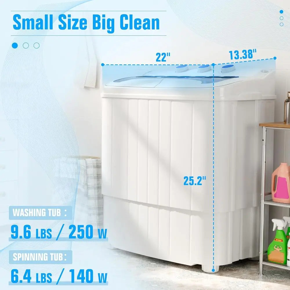Compact Twin-Tub Washer & Dryer, 16lbs Capacity, 9.6lbs Wash and 6.4lbs Spin, Semi-Automatic, Ideal for Dorms & Apartments, Blue
