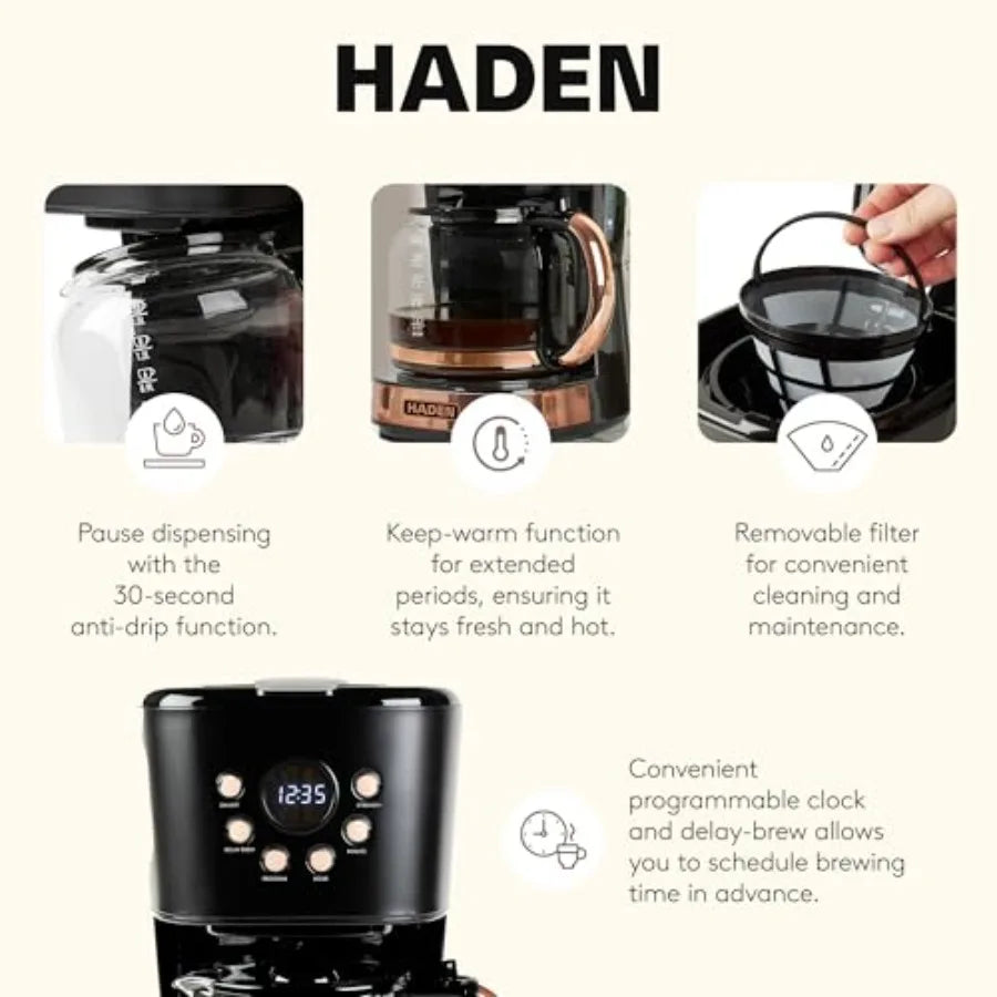 4-Slice Wide Slot Stainless Steel Toaster with 12-Cup Programmable Drip Coffee Maker in Black and Copper for Home Kitchen Use
