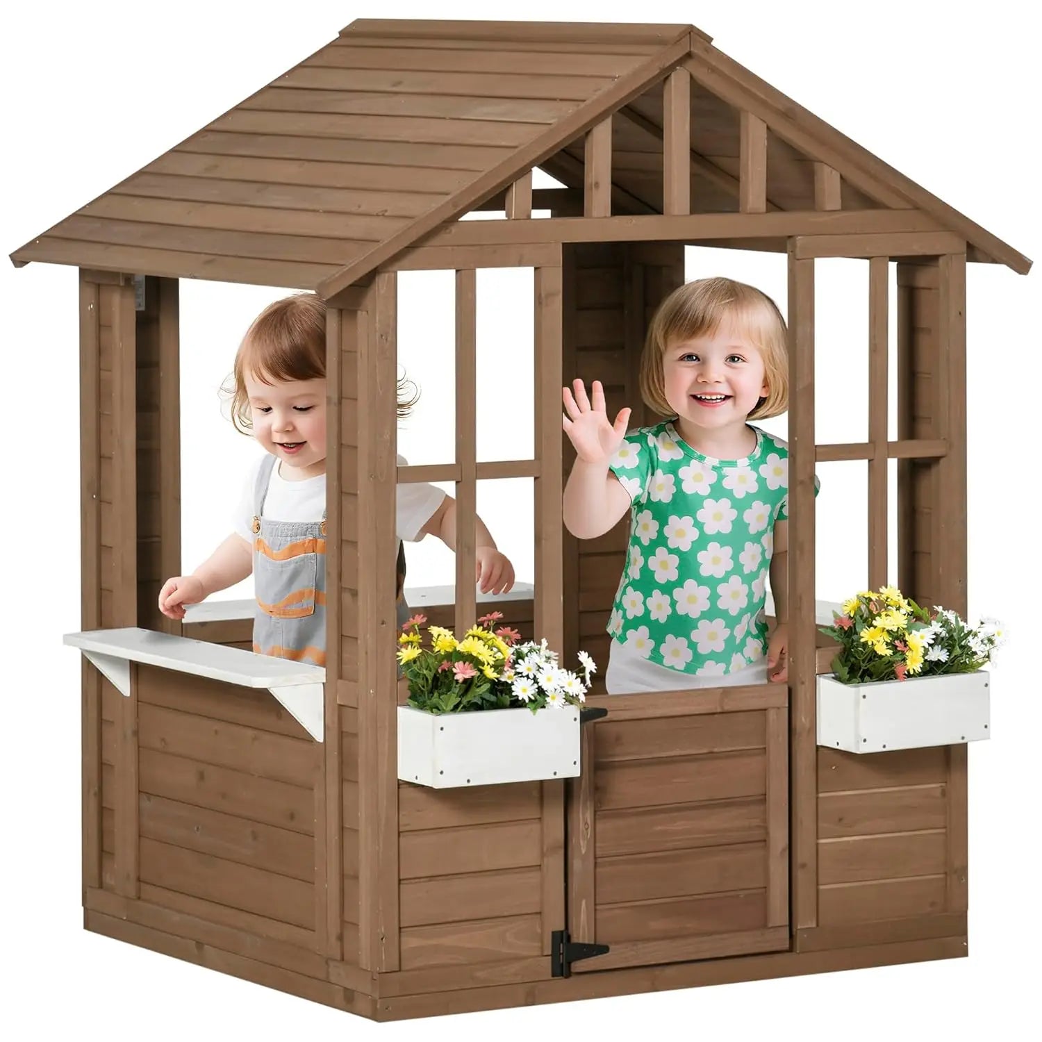 Wooden Playhouse, Outdoor Garden Games Cottage, with Working Door, Windows, Flowers Pot Holder, Customized