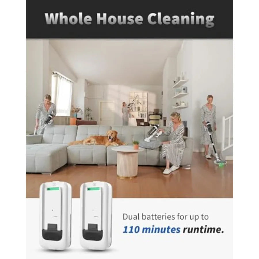 Cordless Vacuum Cleaner 2 Batteries 110 Mins Runtime for Home 15-in-1 Powerful Stick Vacuum with LED Display Anti-Tangle Lightw