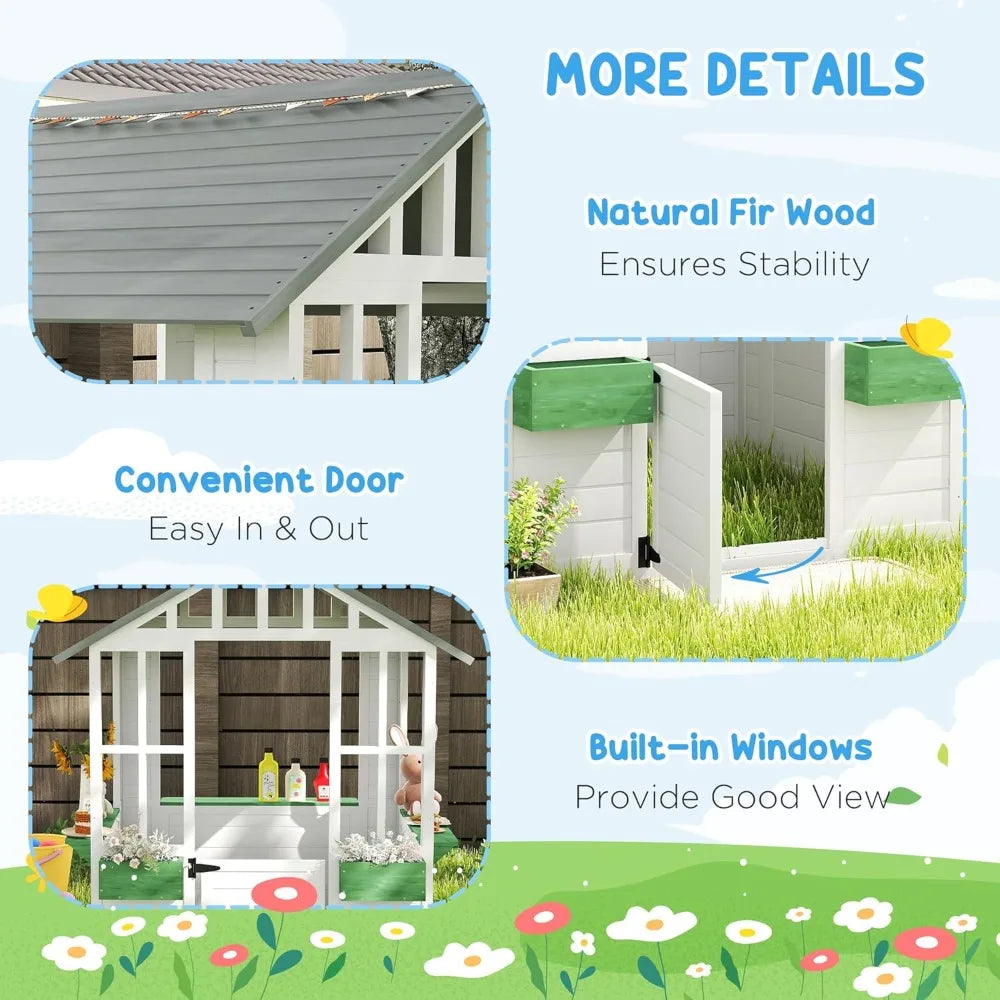 Wooden Playhouse, Outdoor Garden Games Cottage, with Working Door, Windows, Flowers Pot Holder, Customized