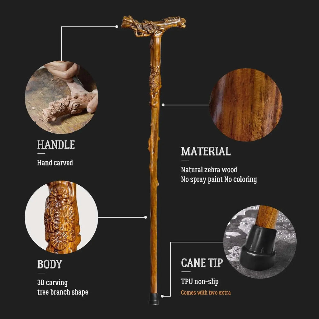 Hand-Carved Wooden Walking Cane with Massage Function, Supports up to 500lbs, High-end Senior Cane Suitable for Gift Giving