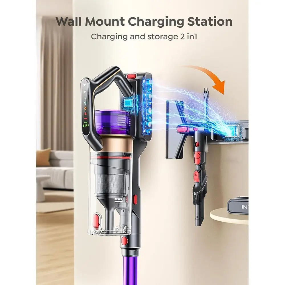 Cordless Vacuum Cleaner, 600W 50KPA 65 Mins Vacuum Cleaners for Home, Cordless Stick Vacuum with Powerful Suction, Wall Mount Ch