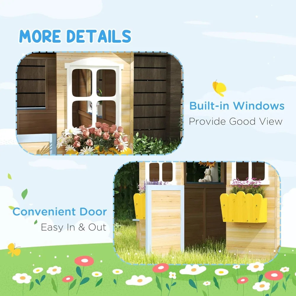 Outdoor Garden Wooden Playhouse with Operable Doors and Windows, Bench, Customizable