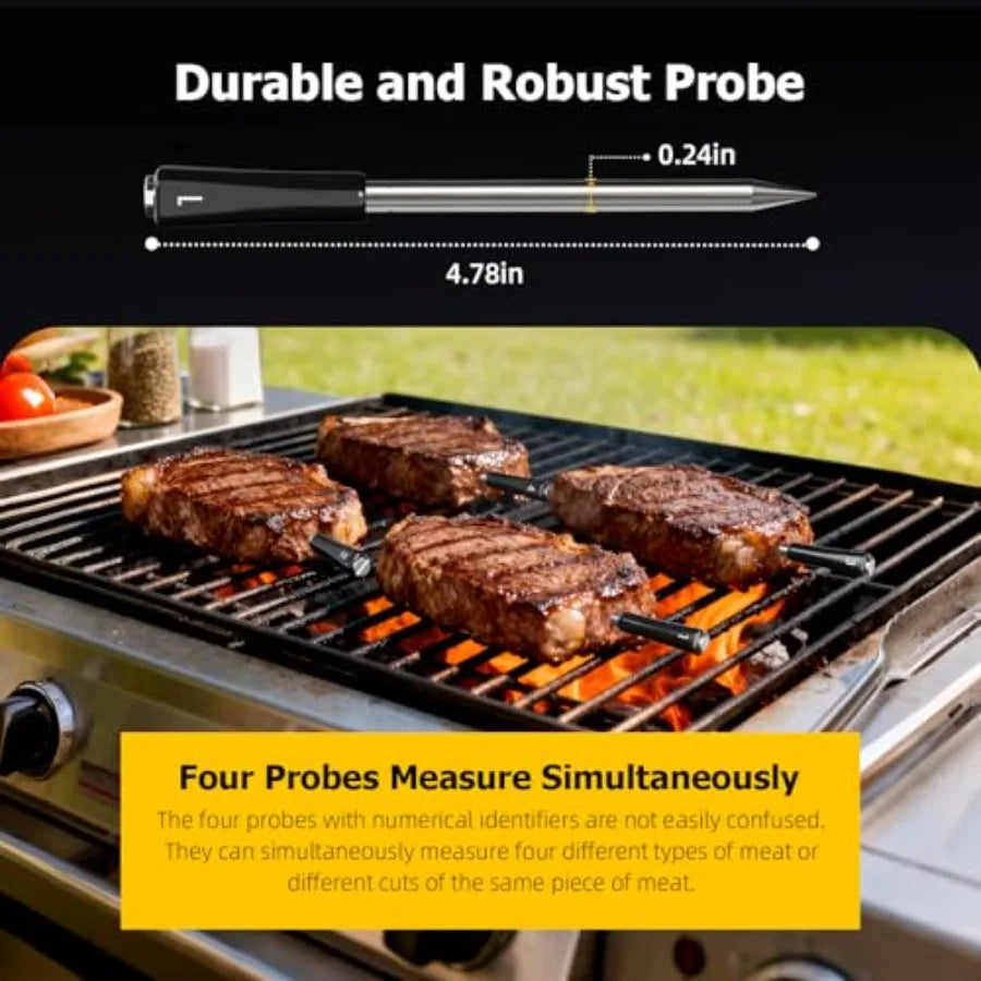 Wireless Meat Thermometer with APP Control 4 Probes Meat Thermometer Digital Unlimited Range WiFi and Bluetooth Meat Thermomete