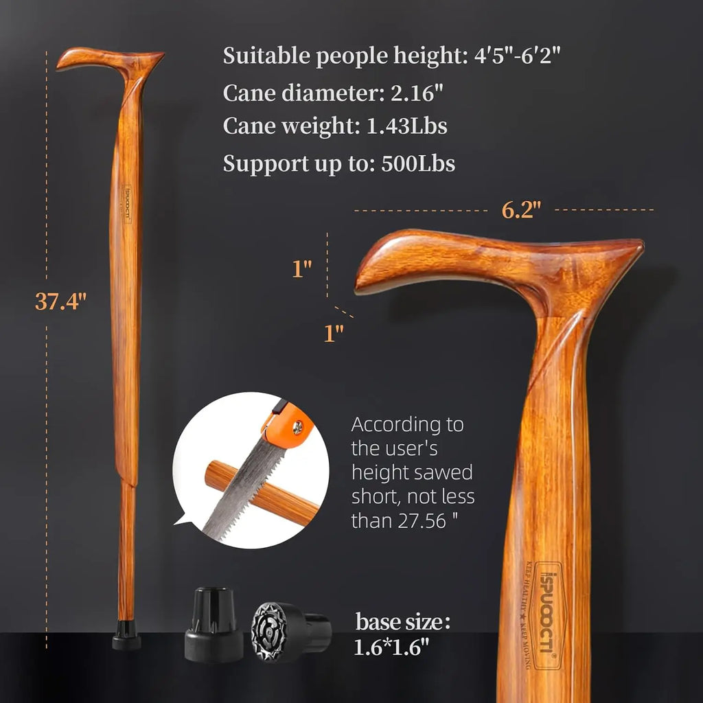 Natural Solid Wood Walking Cane with 3 Rubber Tips, Heavy Duty and Travel Bag - Ergonomic Unisex Cane for Seniors