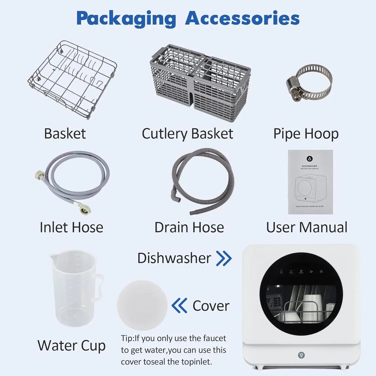 Portable Dish Washer Countertop with Faucet & Manual 5L Water Tank Modes Water Inlet Compact with More Space Inside 6 Programs