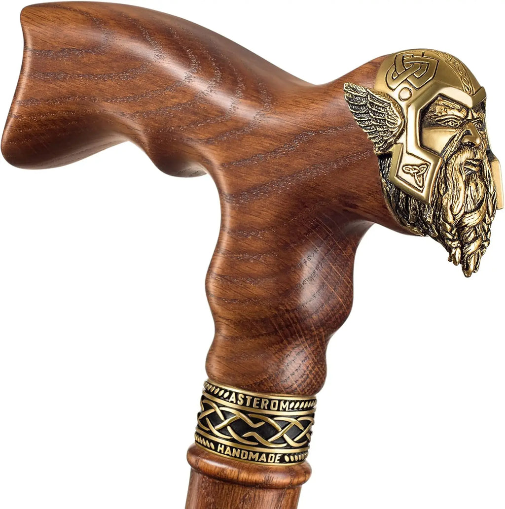 Handmade Viking Walking Cane for Men & Seniors - Unique Wooden Design, Cool Thor-Inspired Caramel Finish