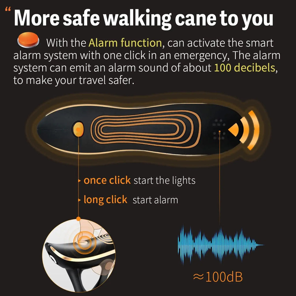 Smart Alarm Walking Cane for Men & Women, Telescopic Adjustable with USB Charge and LED Light, Lightweight Stable
