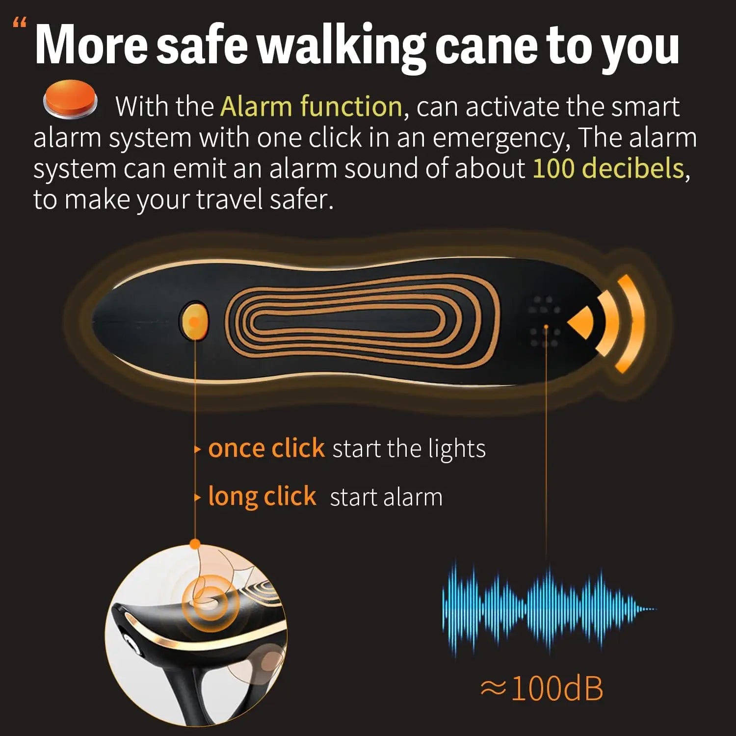 Smart Alarm Walking Cane for Men & Women, Telescopic Adjustable with USB Charge and LED Light, Lightweight Stable