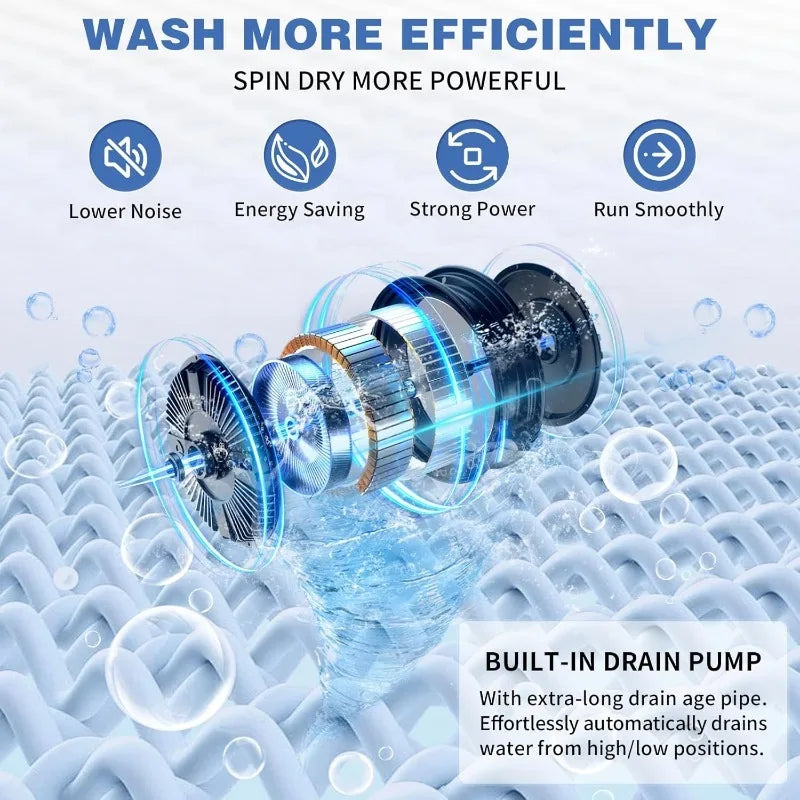 Full Automatic Washing Machine with Drain Pump 30Lbs Capacity Tempered Glass Lid Portable Washer Spinner 8 Programs 5 Water
