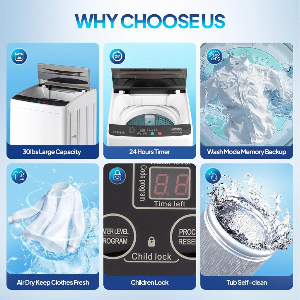 30LBS Washing Machine, Full-Automatic Portable Washer with Stainless Steel Drum, Electric Laundry Machine, Washer, Customized