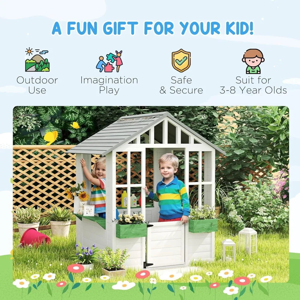 Wooden Playhouse, Outdoor Garden Games Cottage, with Working Door, Windows, Flowers Pot Holder, Customized