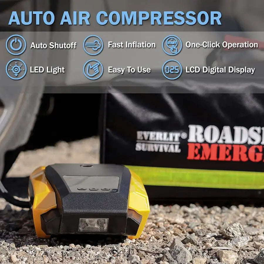 Survival Car Emergency Kit, Roadside Safety Tool Kit with Gloves,Digital Auto Air Compressor Tire Inflator, First Aid Kit, 12 Fe