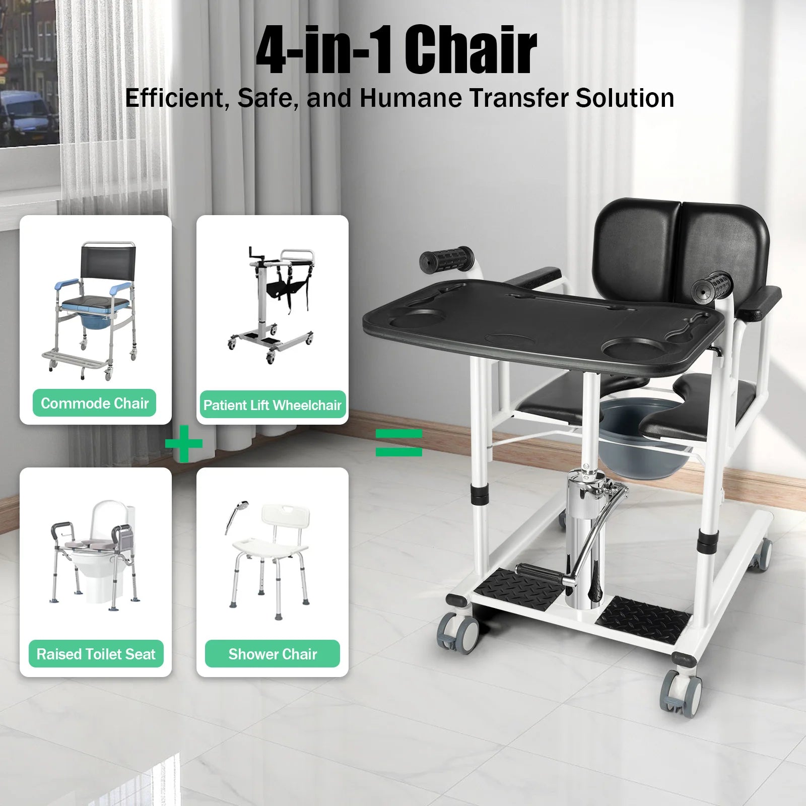 330lbs Hydraulic Patient Lift Chair 180° Split Bath Commode Seat Transfer Adjustable Height Detachable Cushion & Portable Potty