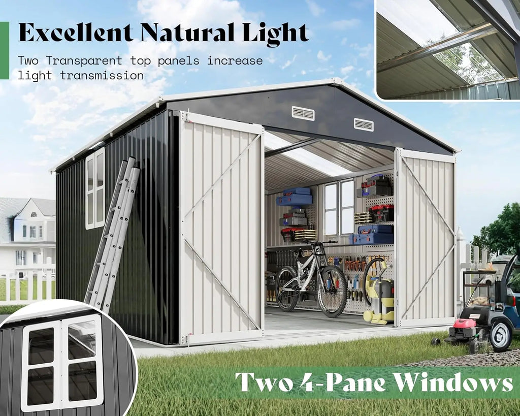 10x12x7 FT Outdoor Storage Shed with 2 Transparent Panels, Metal Garden Shed with Hinged Double Doors, 2 Windows & 4 Vents, Rein