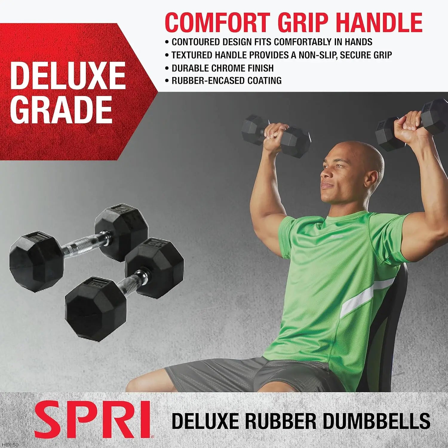 Hex Rubber Dumbbell Set - Chrome Handle Home Gym Weights for Strength Training