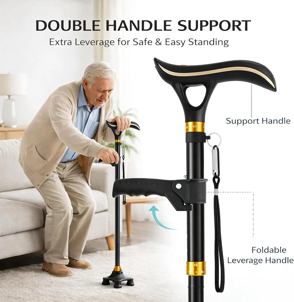 Foldable Adjustable Walking Cane with LED Light & Alarm, USB-C Rechargeable Heavy Duty Mobility Aid for Seniors