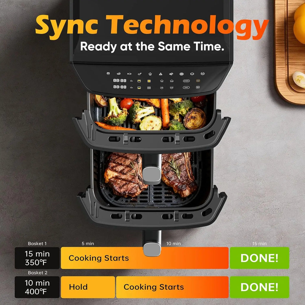 12.6QT Dual Basket Air Fryer for 10-12 People, Cooks Whole Chicken, 10-in-1 Functions with SyncFinish, Dishwasher-Safe