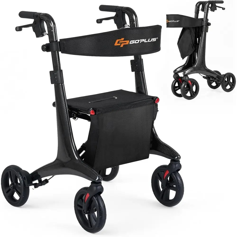 Ultralight Carbon Fiber Rollator Walker with 8 Wheels, 6-Position Handle, Adjustable Backrest for Adult Mobility