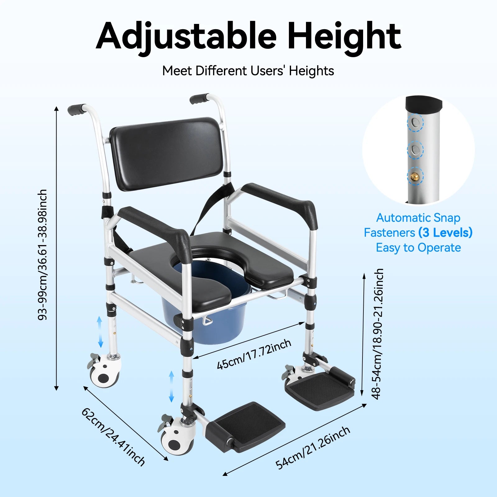 Freestanding Commode, Foldable Chair 18.11-21.26" height adjustable W/ Foot Pedal for Handicap, Elderly, Injured/ Disabled