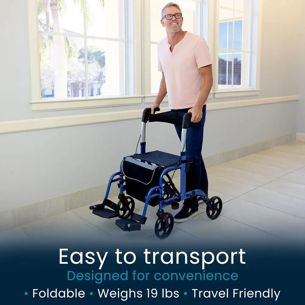 Walker Wheelchair Combo Rollator Transport Chair for Seniors with Seat, 8 Inch Wheels, Foldable Lightweight Aluminum Frame, 300