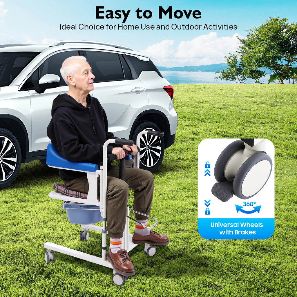 Hydraulic Patient Lift Nursing Chair Transport Seat with Commode, Adjustable Height Transfer Wheelchair for Elderly and Disabled