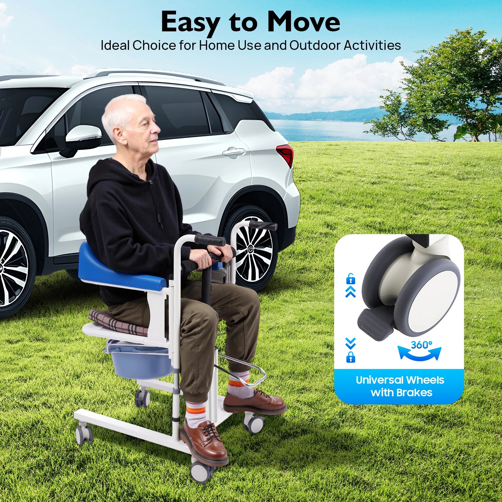 Hydraulic Patient Lift Nursing Chair Transport Seat with Commode, Adjustable Height Transfer Wheelchair for Elderly and Disabled