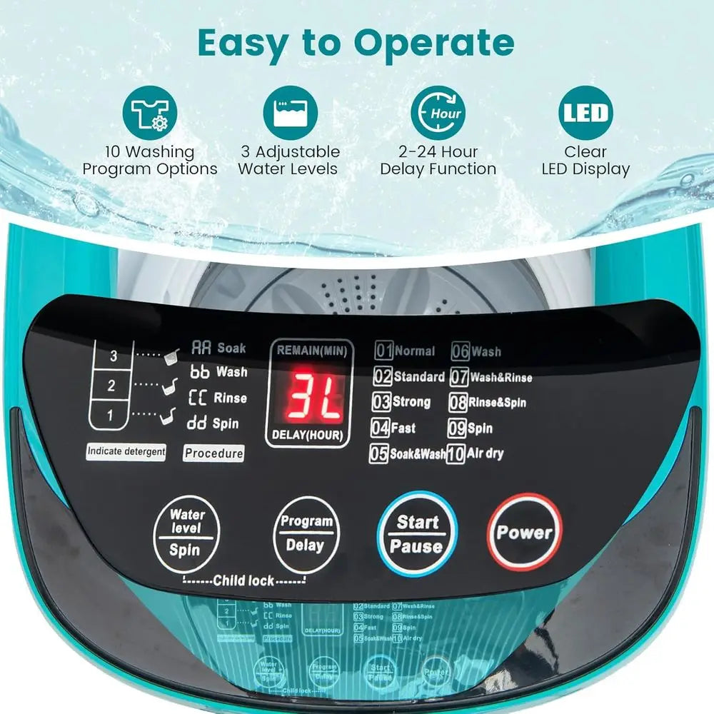 7.7 lbs Compact Automatic Washer with 10 Cycles, 3 Water Levels, Ideal for RVs, Dorms, Blue