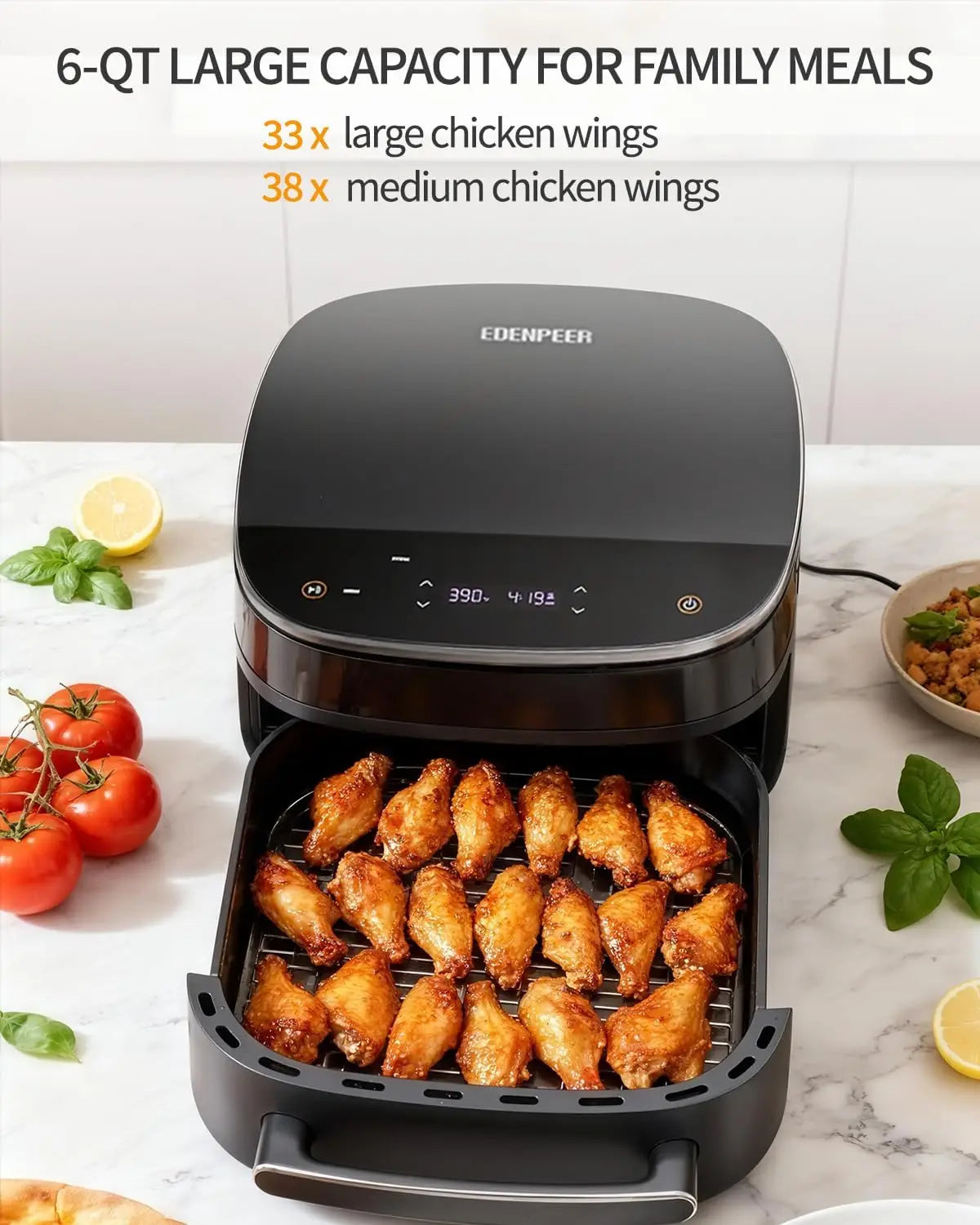 6QT Large Air Fryer with Dual Heating, No Flip Needed, Quiet 50dB for Family Meals