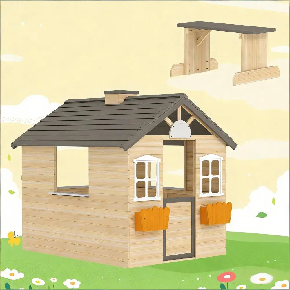 Wooden Playhouse Outdoor Cottage Playhouse W/Bench Door 2 Windows 3 Serving Station Flowerpot Holder Outdoor Garden for 3-6 Age