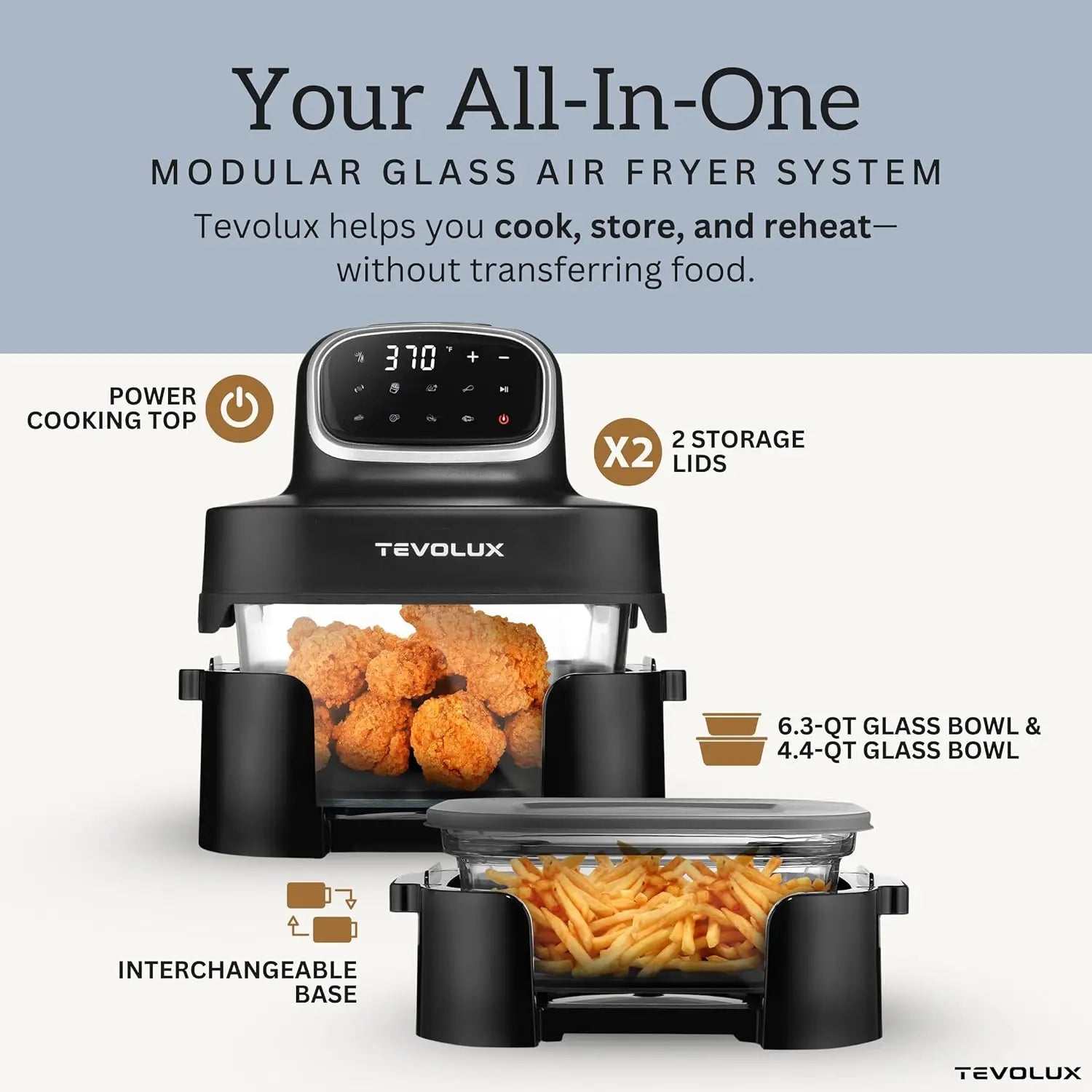 4-in-1 Portable Glass Air Fryer, 1500W with 6.3QT & 4.4QT Containers, Microwave Safe