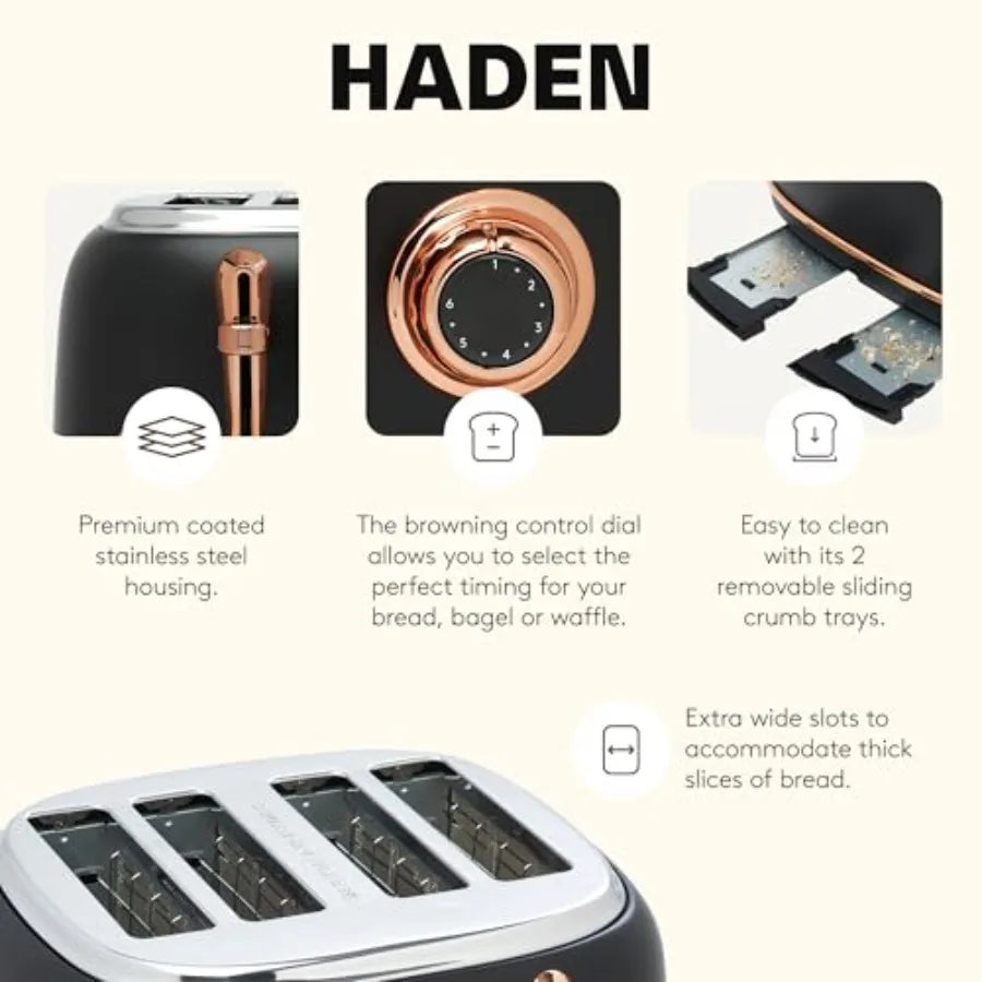 4-Slice Wide Slot Stainless Steel Toaster with 12-Cup Programmable Drip Coffee Maker in Black and Copper for Home Kitchen Use