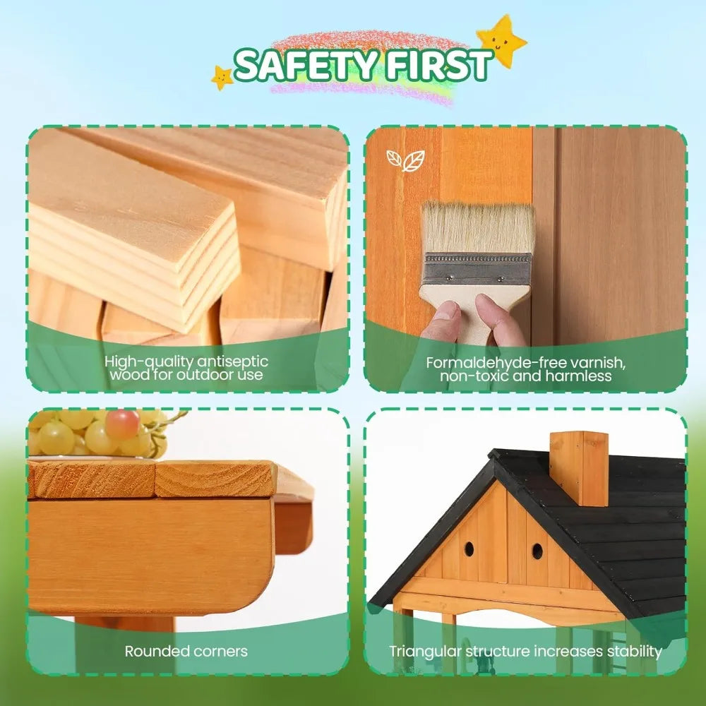 Outdoor Playhouse with Sink Toys, Picnic Table, Mailbox, Spacious Wooden Toddler Playhouse, Customized